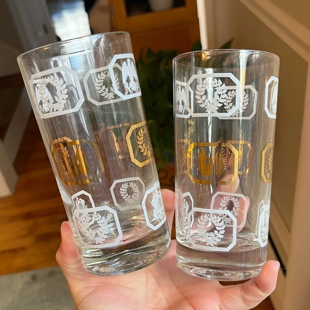 Highball Glasses Set of 2 Vintage Gold & White w/ Eagles Laurel Wreaths